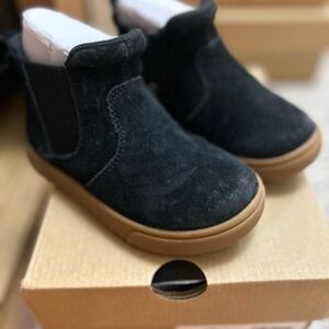 UGG Kids Black Suede Boots with Tan Soles